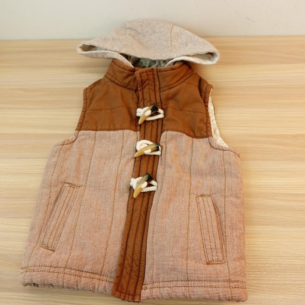 OSHKOSH Hoodie Puffer Vest Boys 2T Brown Rust Toggle Textured Cabin